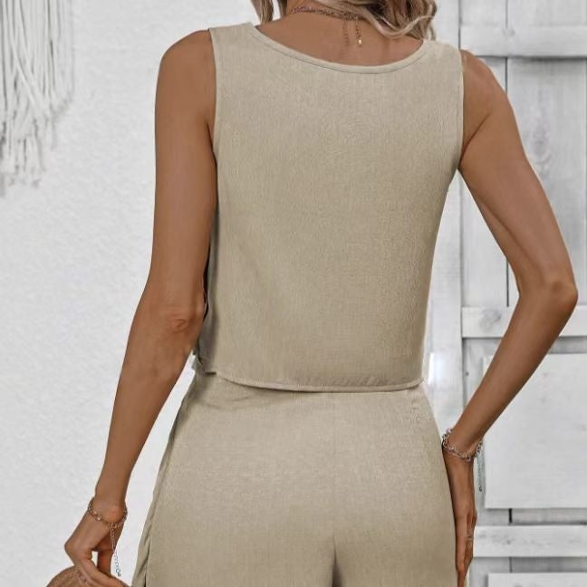 Women's Solid Color Sleeveless Button-Side Shorts Set