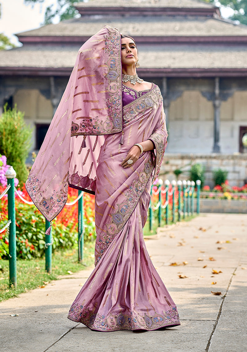 Mauve Banarasi Silk Embroidered Saree with Blouse Piece