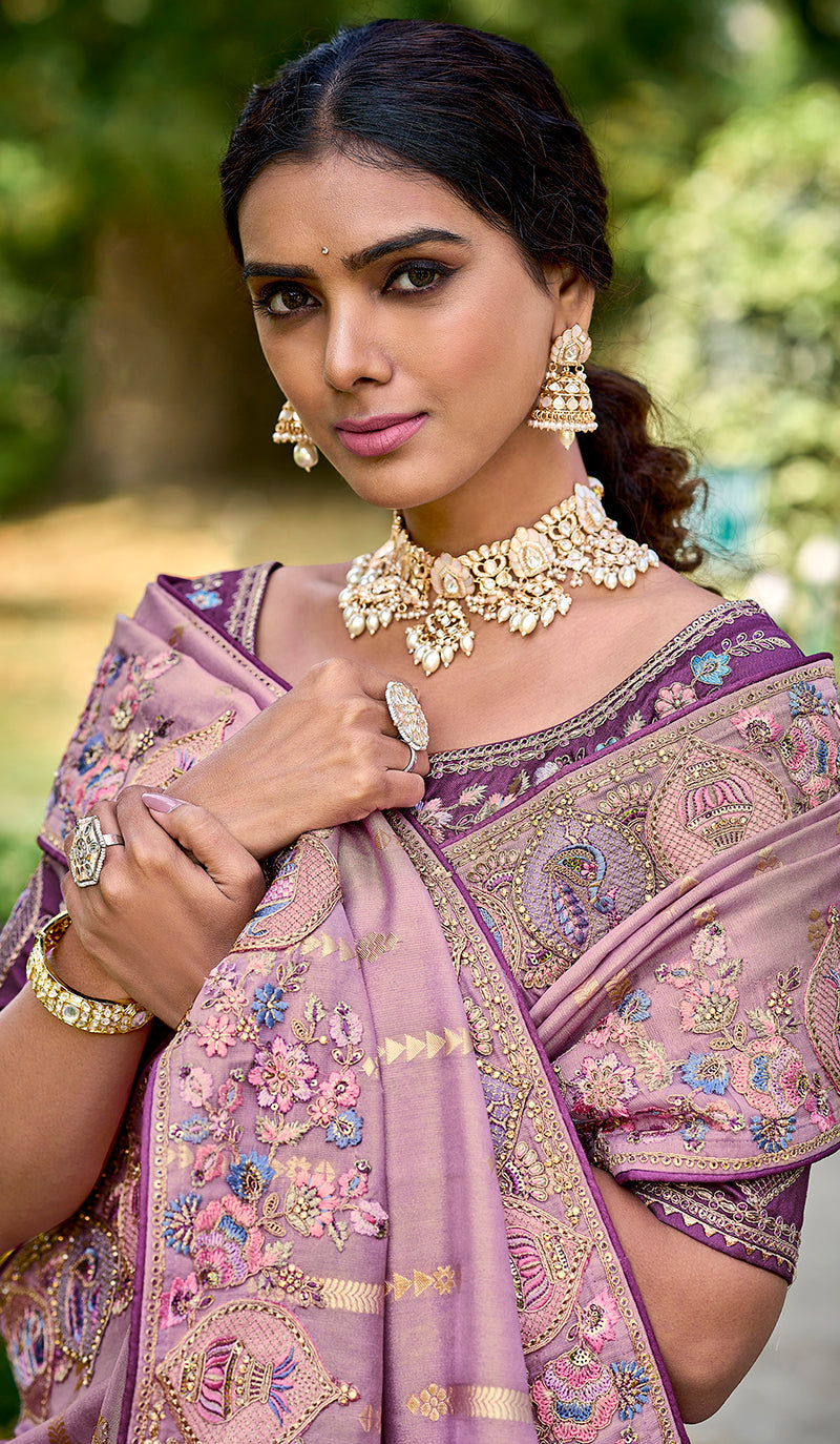 Mauve Banarasi Silk Embroidered Saree with Blouse Piece