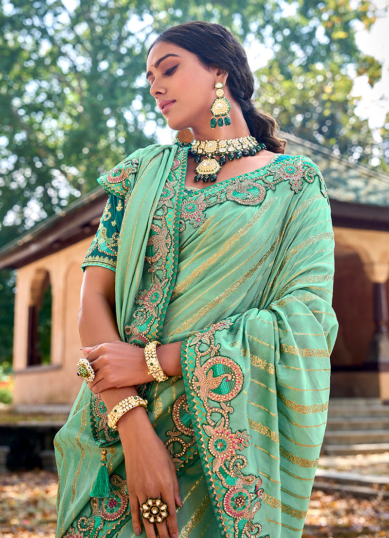 Sea Green Banarasi Silk Embroidered Saree with Blouse