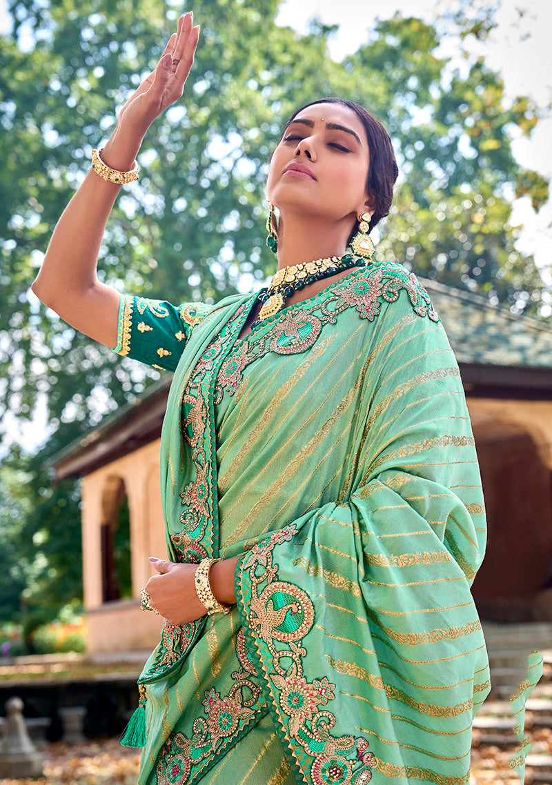 Sea Green Banarasi Silk Embroidered Saree with Blouse