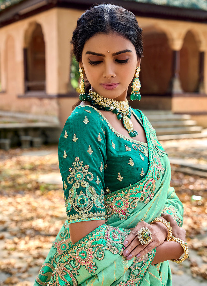 Sea Green Banarasi Silk Embroidered Saree with Blouse