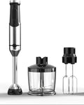 Heavy duty stainless steel immersion blender with whisk, masher, and food processor attachments
