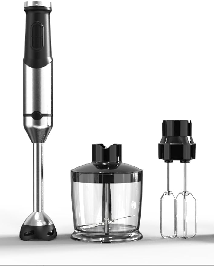 Heavy duty stainless steel immersion blender with whisk, masher, and food processor attachments