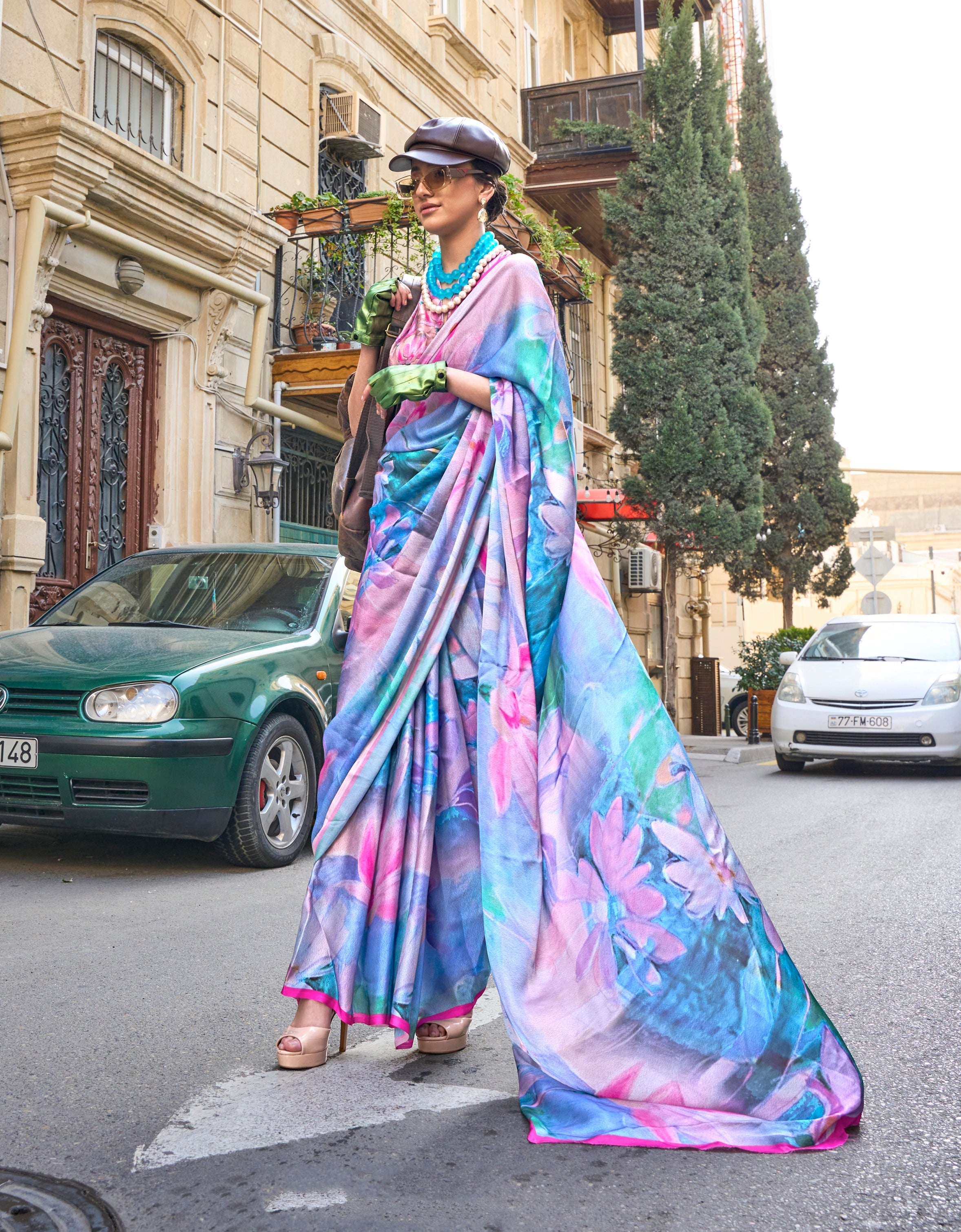 Sky Blue Satin Georgette Saree - Elegant Lightweight Drape