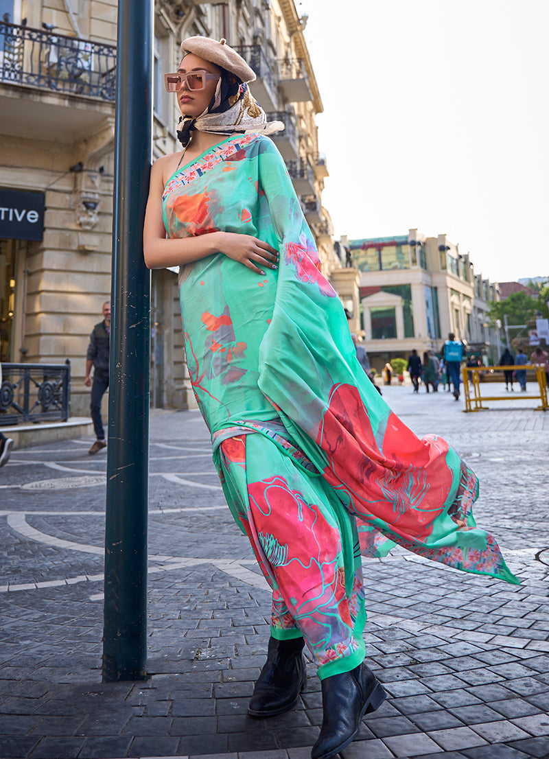 Monjolika Fashion Sophisticated Sea Green Colour Crepe Silk Elegant Saree