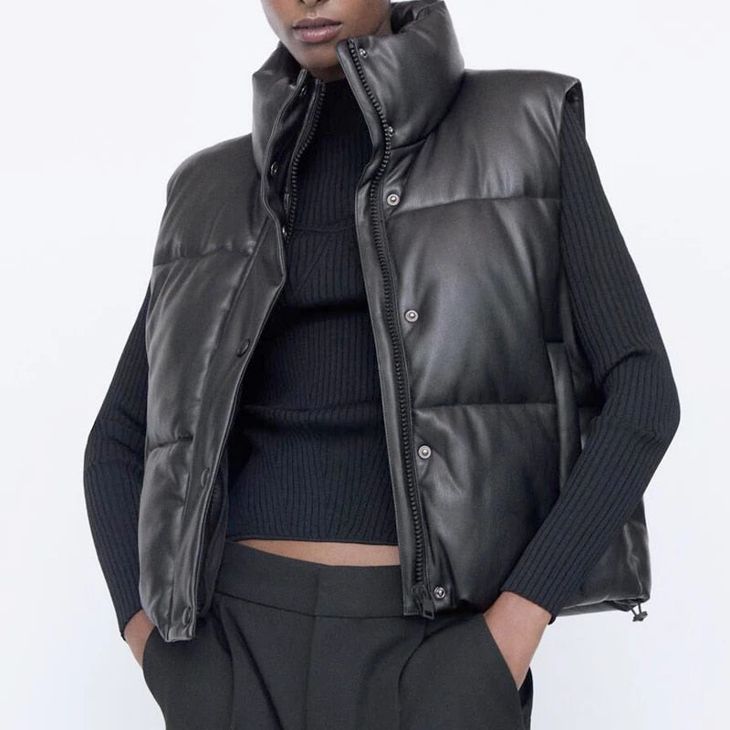 Women's Black Faux Leather Puffer Vest - Harajuku Style - Image 7