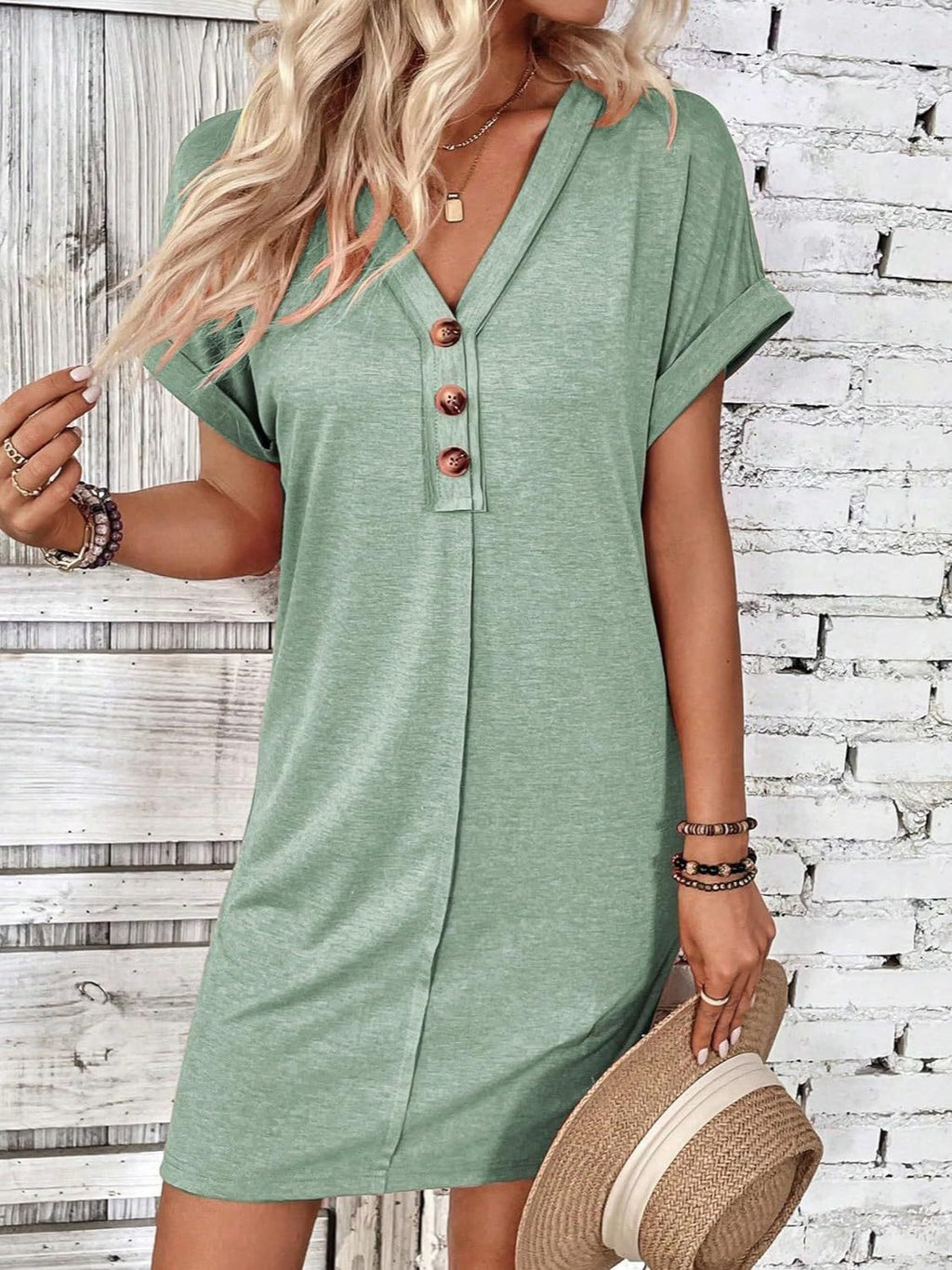V-Neck Short Sleeve Button-Front Dress for Casual and Office Wear