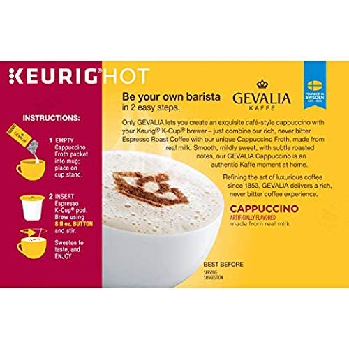 Gevalia Cappuccino Keurig K Cup Pods with Froth Packets 5.98oz (24 Count, 4 Boxes)
