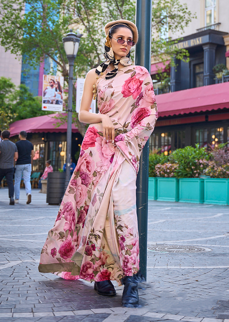 Monjolika Fashion Sophisticated Beige Colour Crepe Silk Elegant Saree