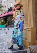 Model wearing a sophisticated multi-colour crepe silk saree with floral and abstract prints