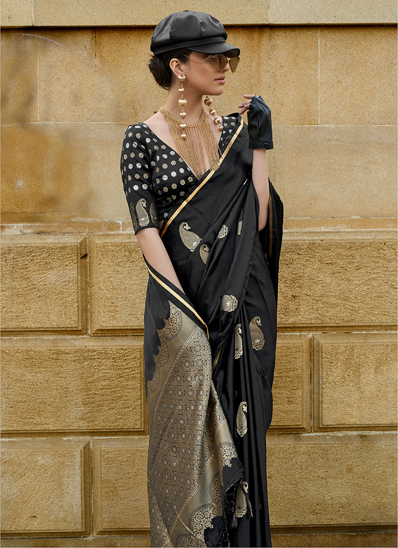 Black Satin Handloom Silk Designer Festival Saree