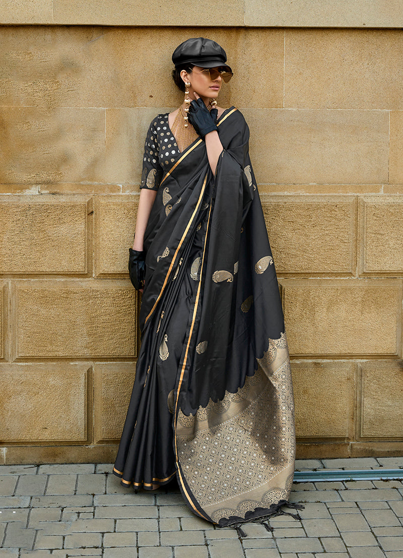 Black satin handloom silk saree with a lustrous designer finish