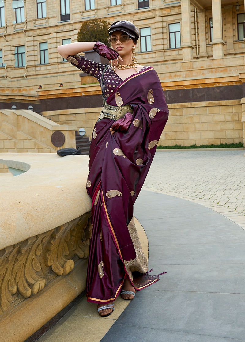 Dark Wine Satin Handloom Silk Saree for Formal Events