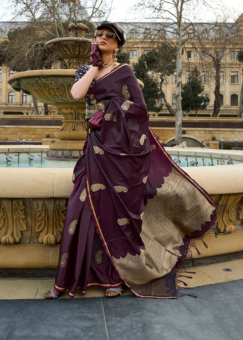 Dark wine color satin handloom silk designer saree