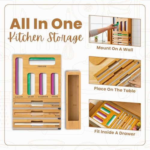 9 in 1 Storage Bag Organizer for Kitchen Drawer, Bamboo Foil and Plastic Wrap