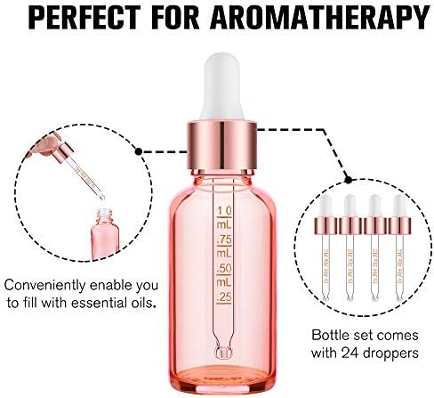 PrettyCare Glass Eye Dropper Bottles 24 Pack, 1oz Rose Empty Thick Bottles Bulk