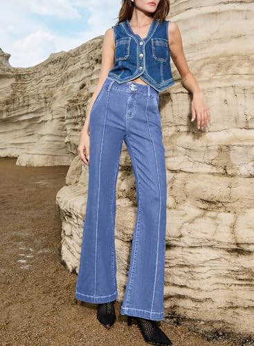 Celine Jeans - Womens Wide Leg Jeans Casual Baggy High Waisted Stretch Denim Pants