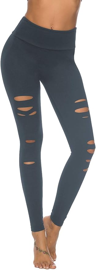 DIBAOLONG Womens High Waist Yoga Pants Cutout Ripped Tummy Control Workout Running Yoga Skinny Leggings
