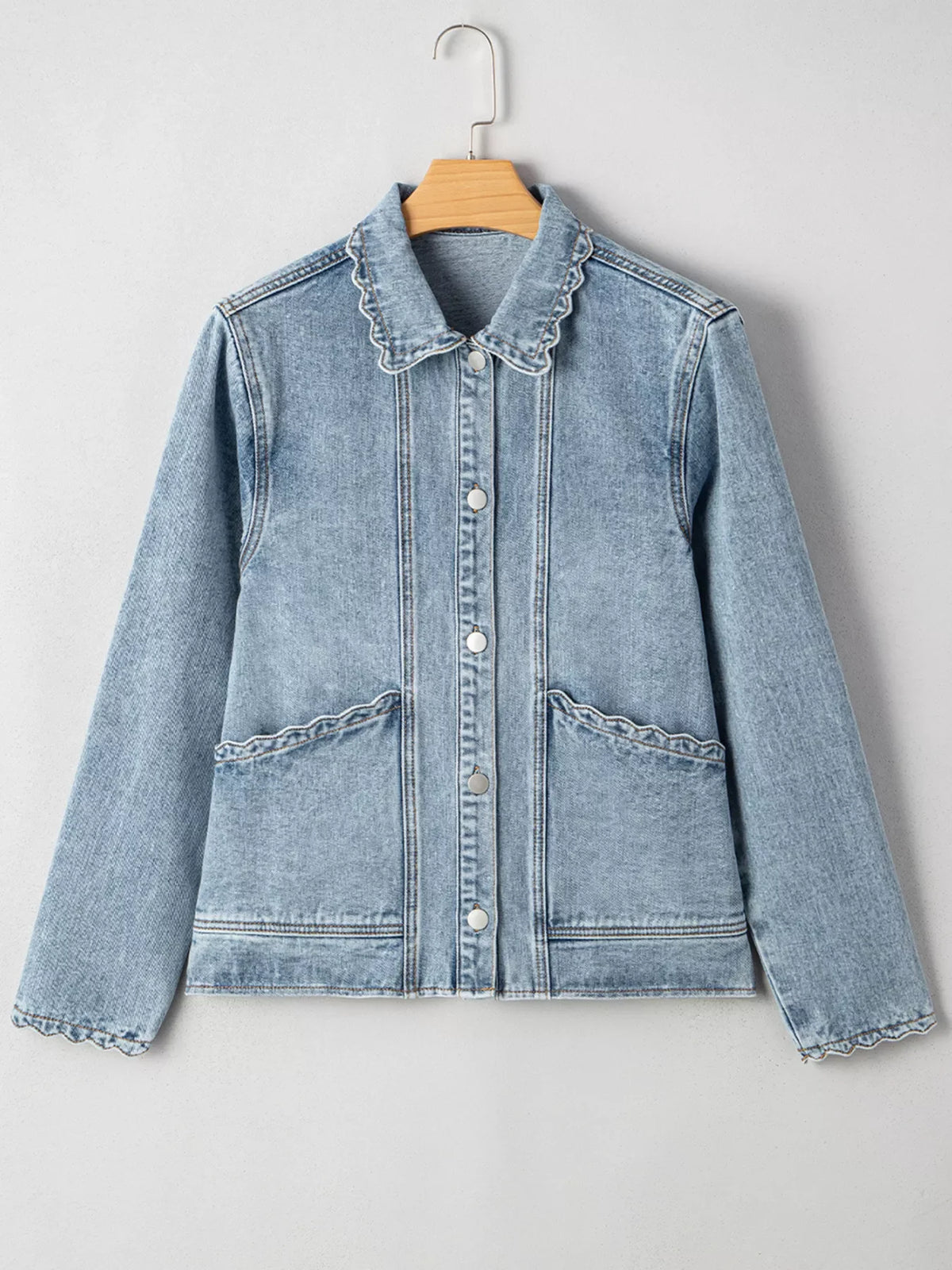 Scallop Trim Collar Patched Pocket Button Up Denim Jacket