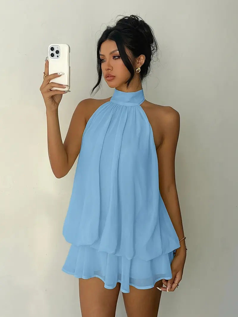 Backless Halter Neck High-Waist Mini Dress with Puffy Skirt