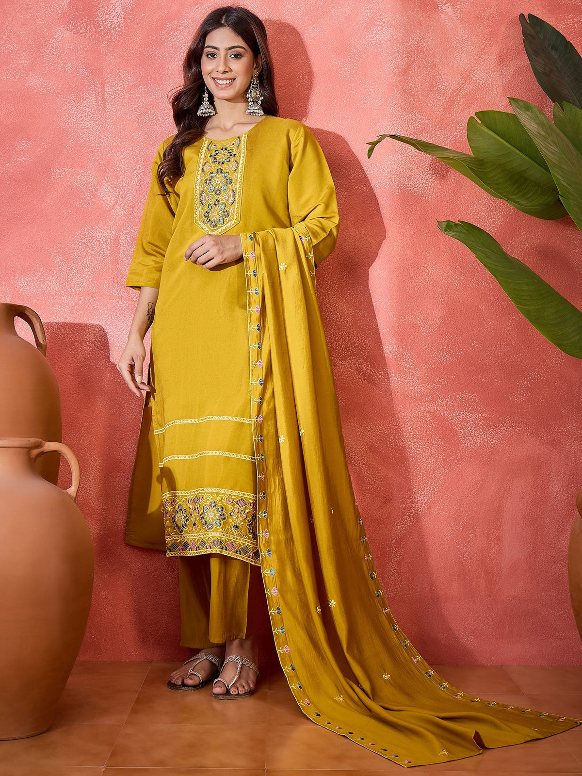 Mustard Silk Embroidered Readymade Kurta Set