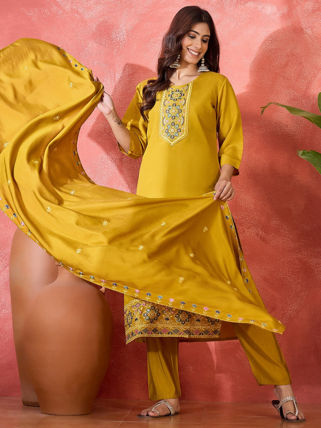 Mustard Silk Embroidered Readymade Kurta Set