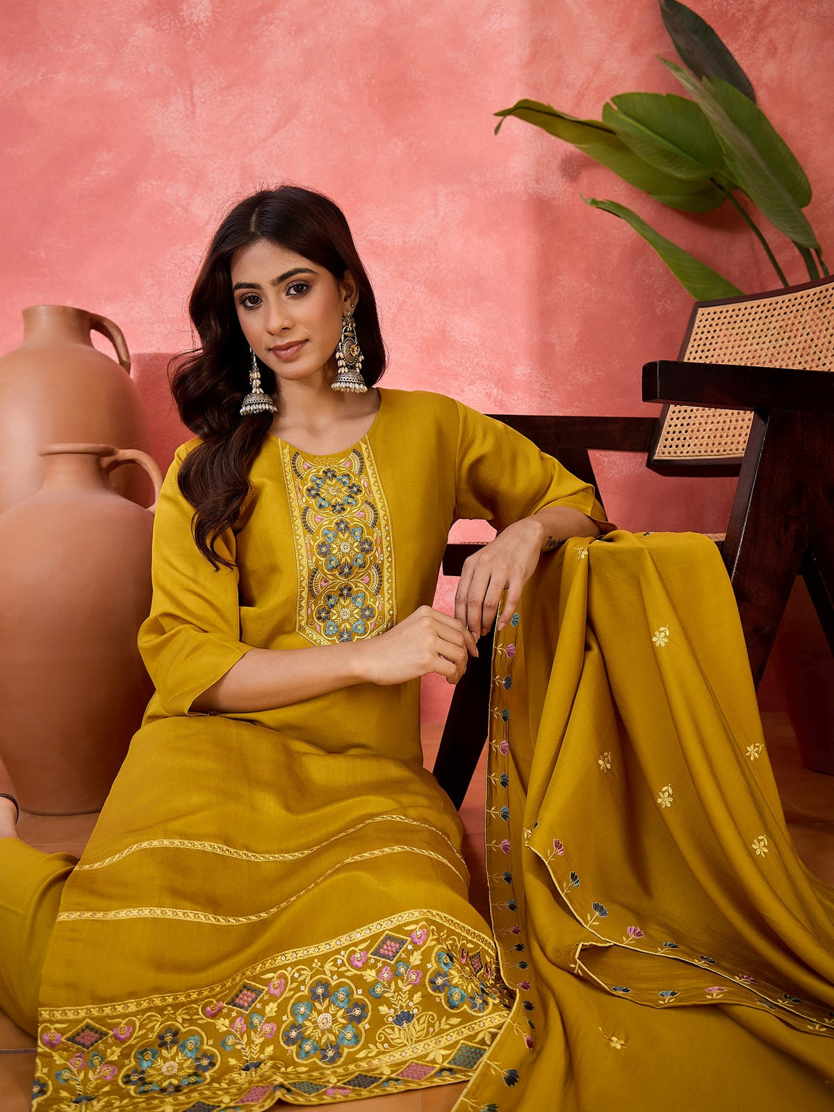Mustard Silk Embroidered Readymade Kurta Set