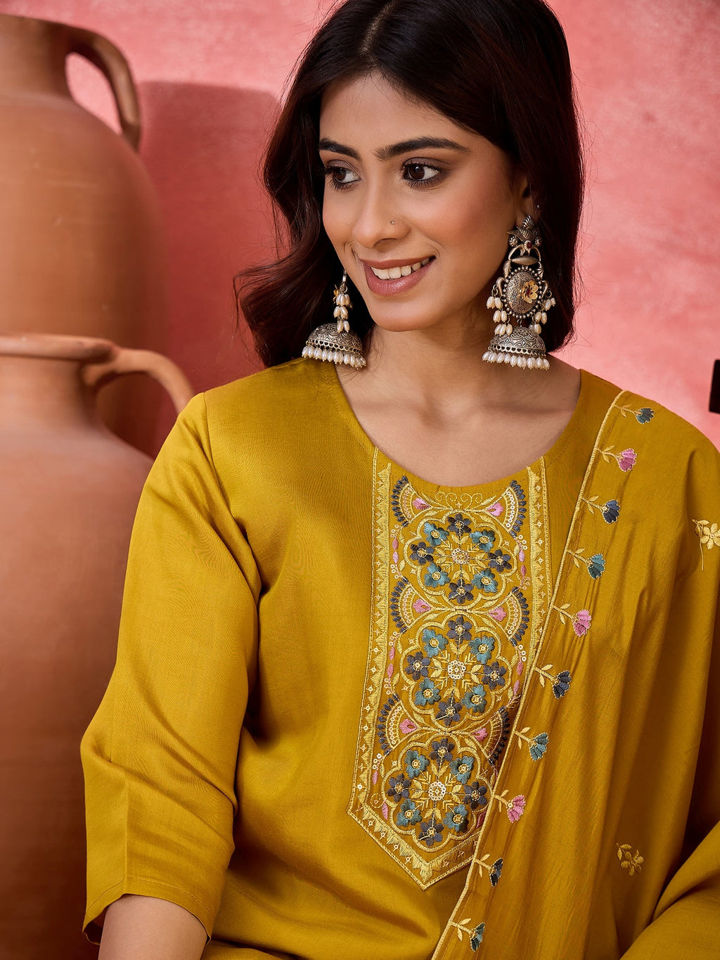 Mustard Silk Embroidered Readymade Kurta Set