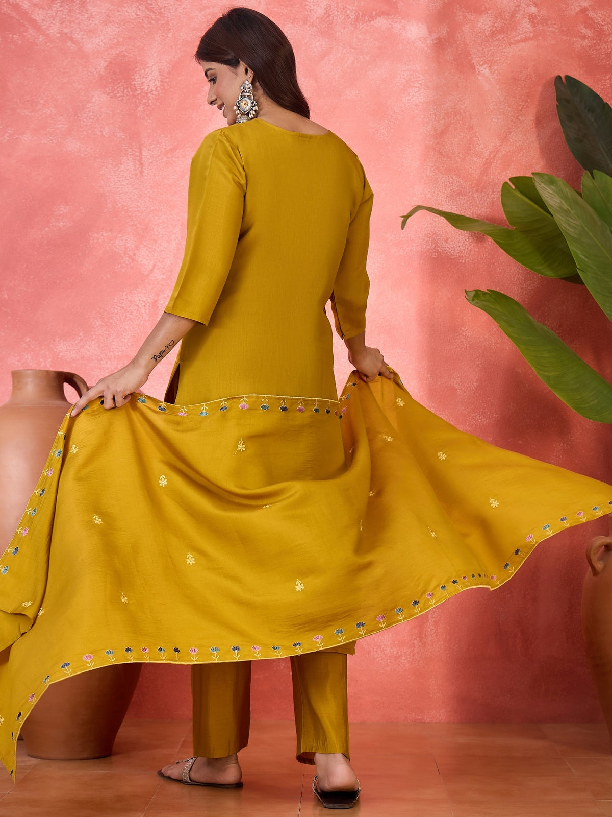 Mustard Silk Embroidered Readymade Kurta Set
