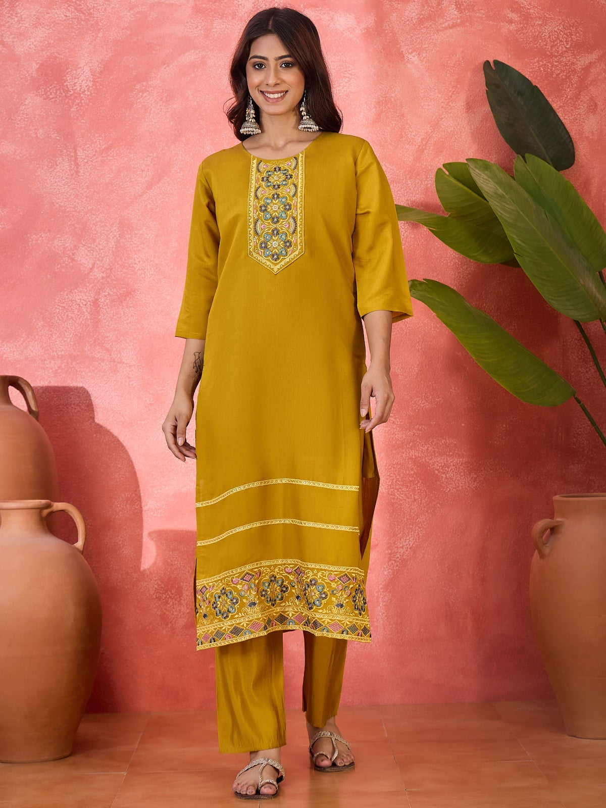 Mustard Silk Embroidered Readymade Kurta Set