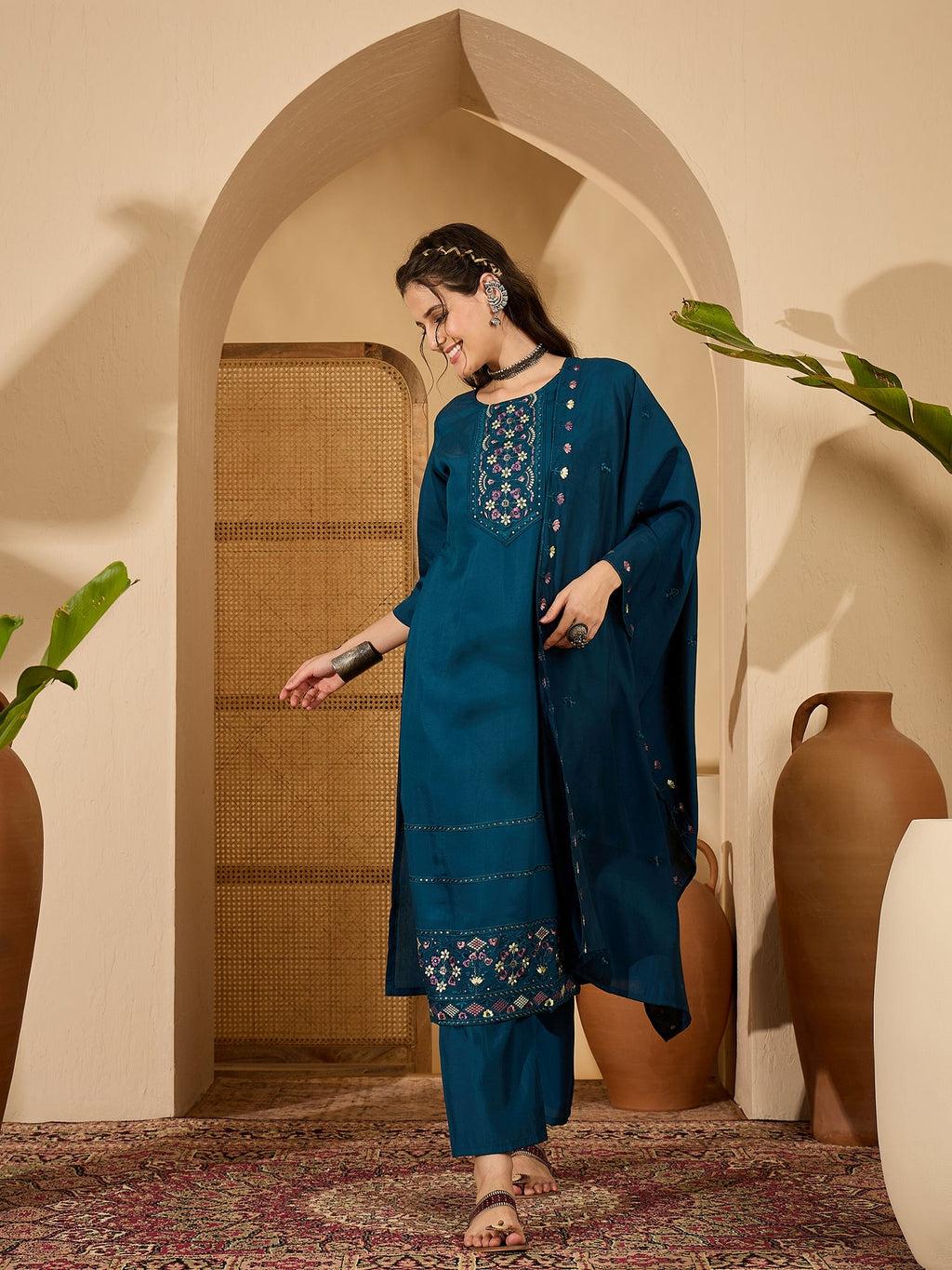 Teal Silk Embroidery Readymade Kurta Set for Women