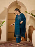 Teal Silk Embroidery Readymade Kurta Set for Women