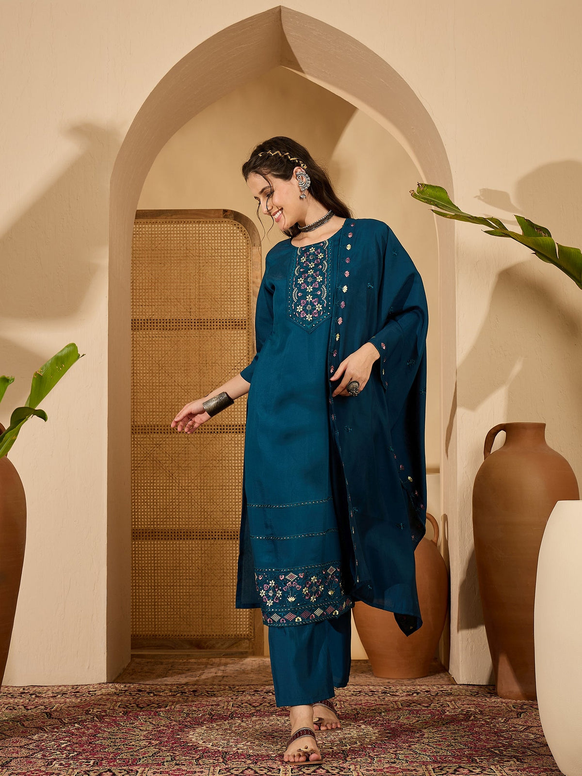 Teal Silk Embroidery Readymade Kurta Set for Women