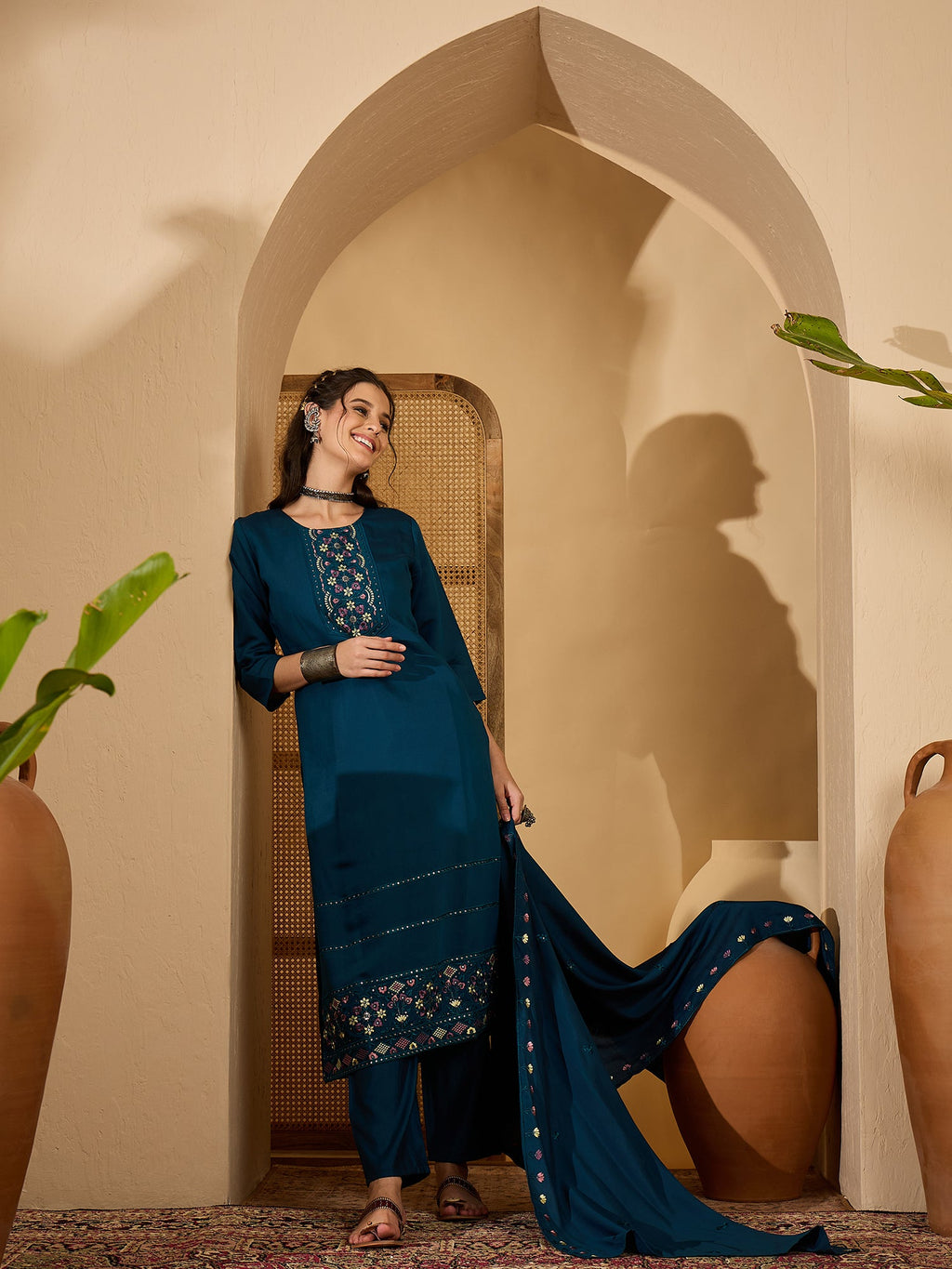 Teal Silk Embroidery Readymade Kurta Set for Women
