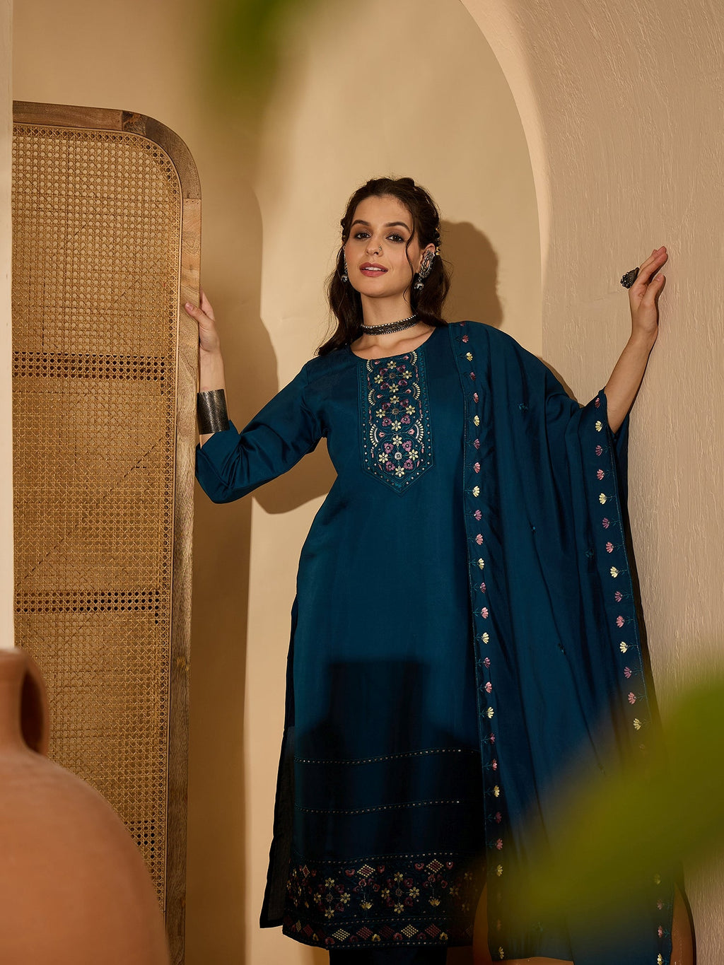 Teal Silk Embroidery Readymade Kurta Set for Women
