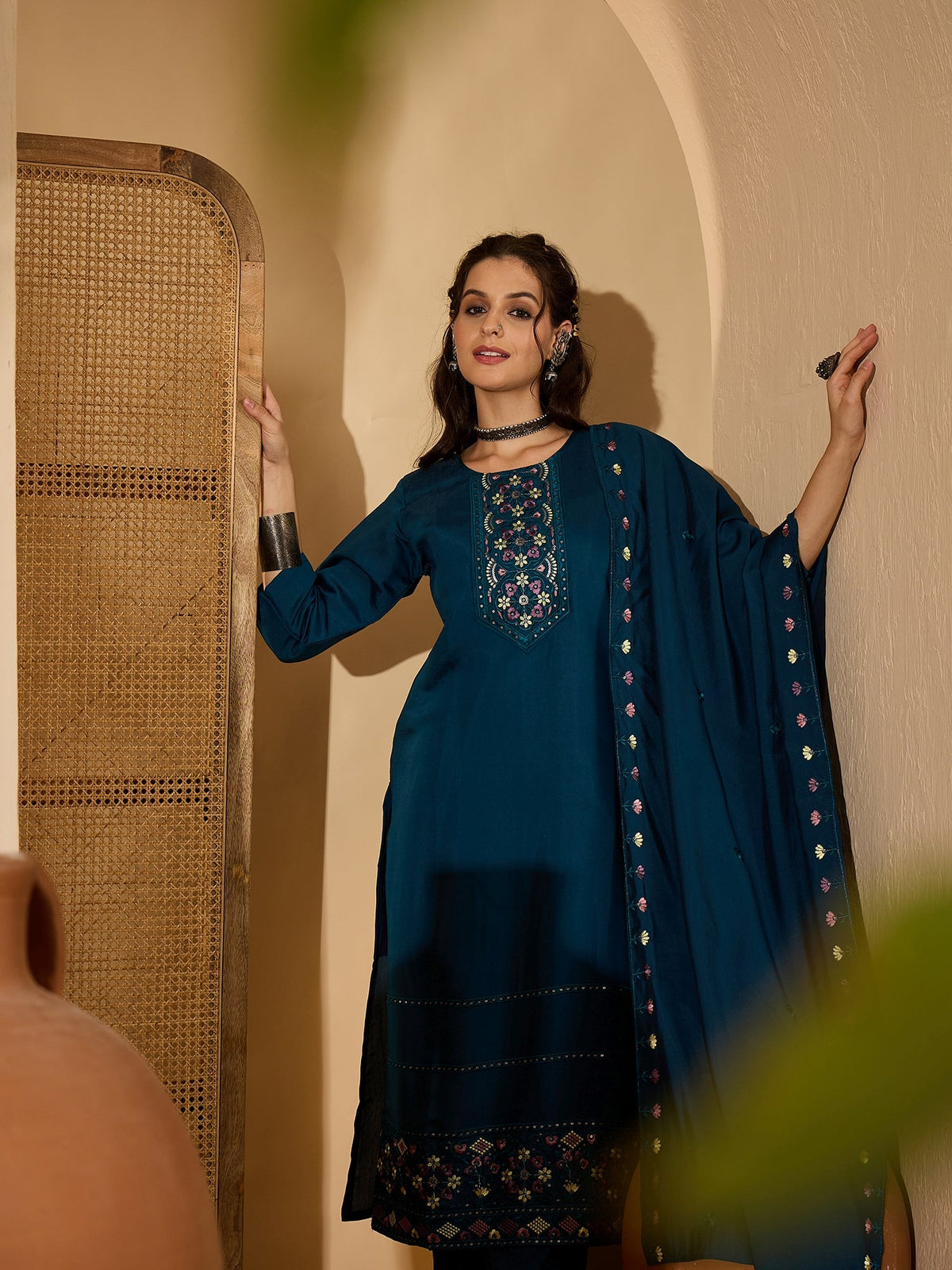 Teal Silk Embroidery Readymade Kurta Set for Women