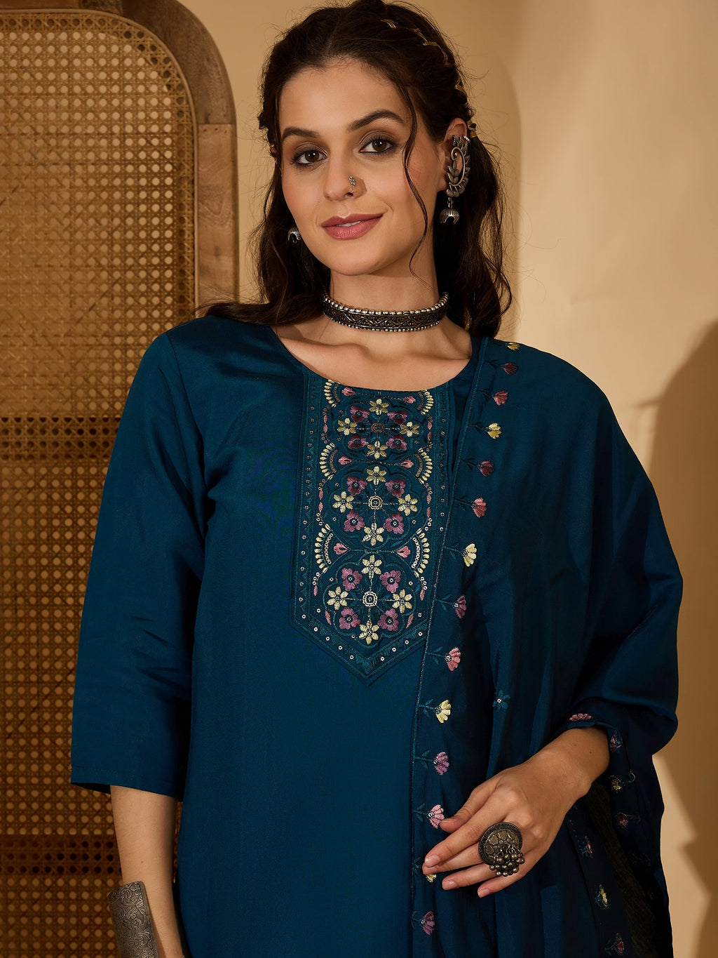 Teal Silk Embroidery Readymade Kurta Set for Women