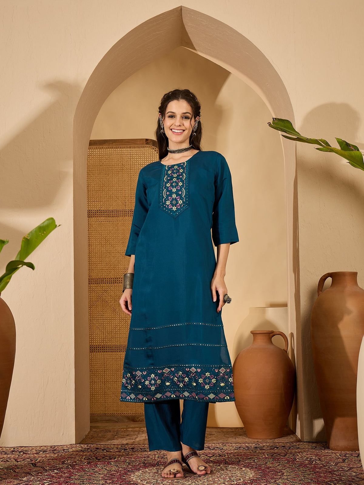 Teal Silk Embroidery Readymade Kurta Set for Women