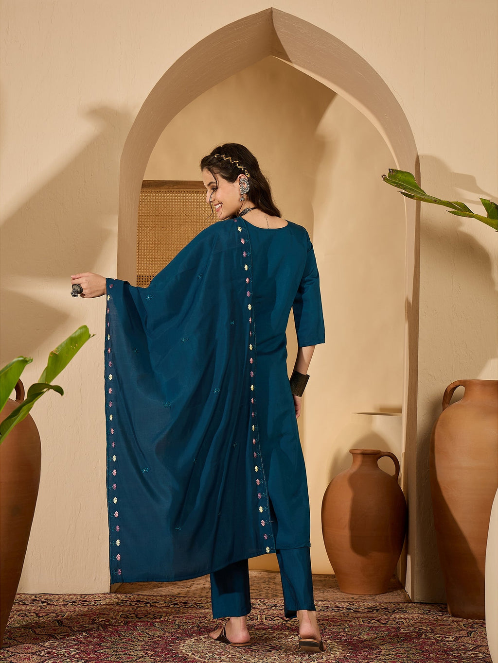 Teal Silk Embroidery Readymade Kurta Set for Women
