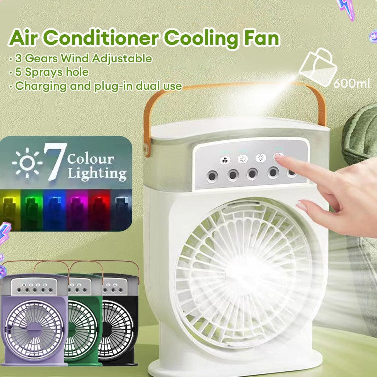 Portable USB air cooler with 5 sprays and leather handle in a personal office setting