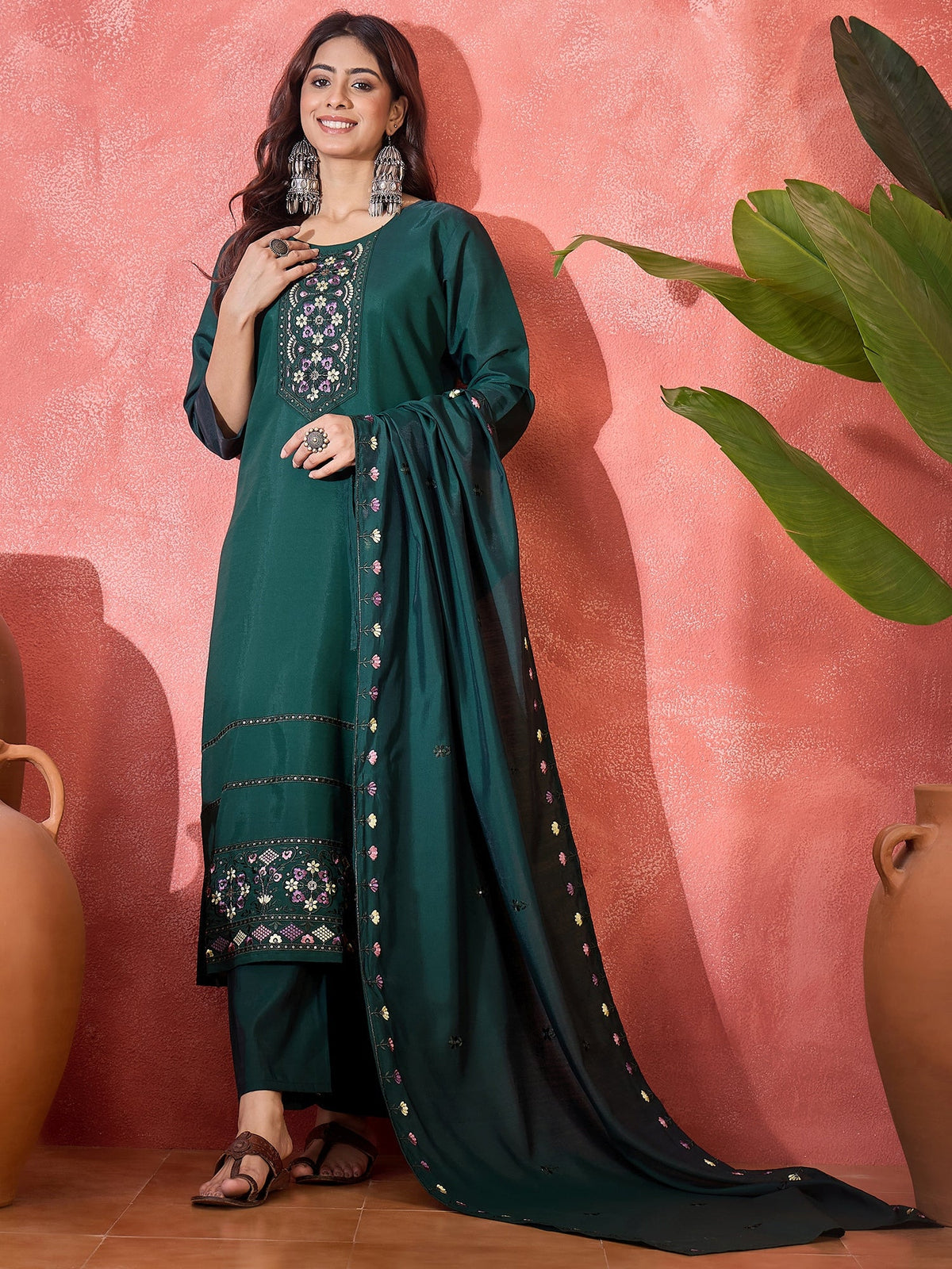 Emerald Green Silk Embroidered Kurta Set for Women