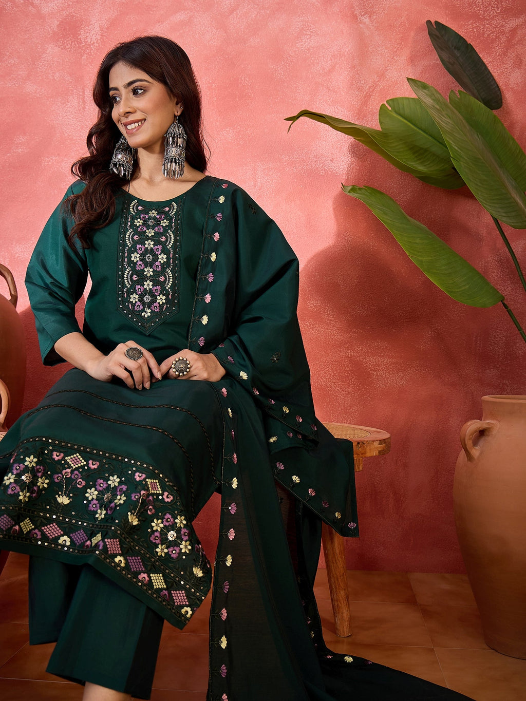 Emerald Green Silk Embroidered Kurta Set for Women