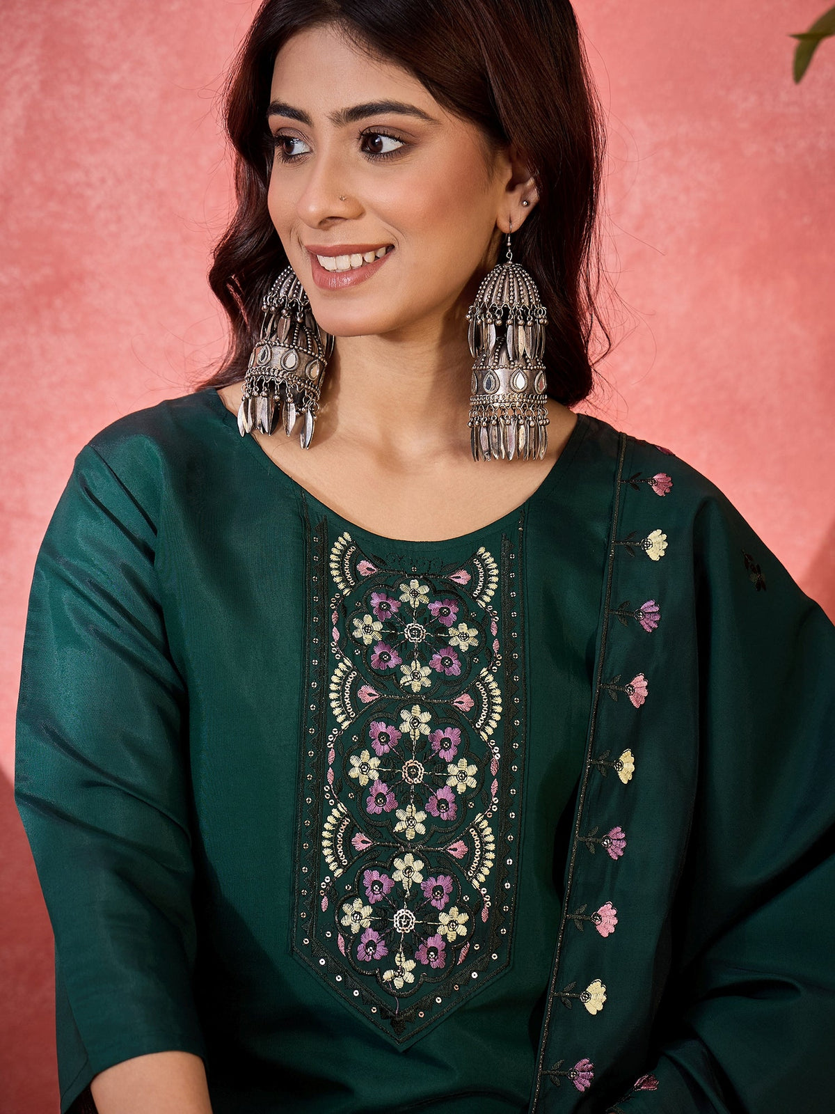 Emerald Green Silk Embroidered Kurta Set for Women