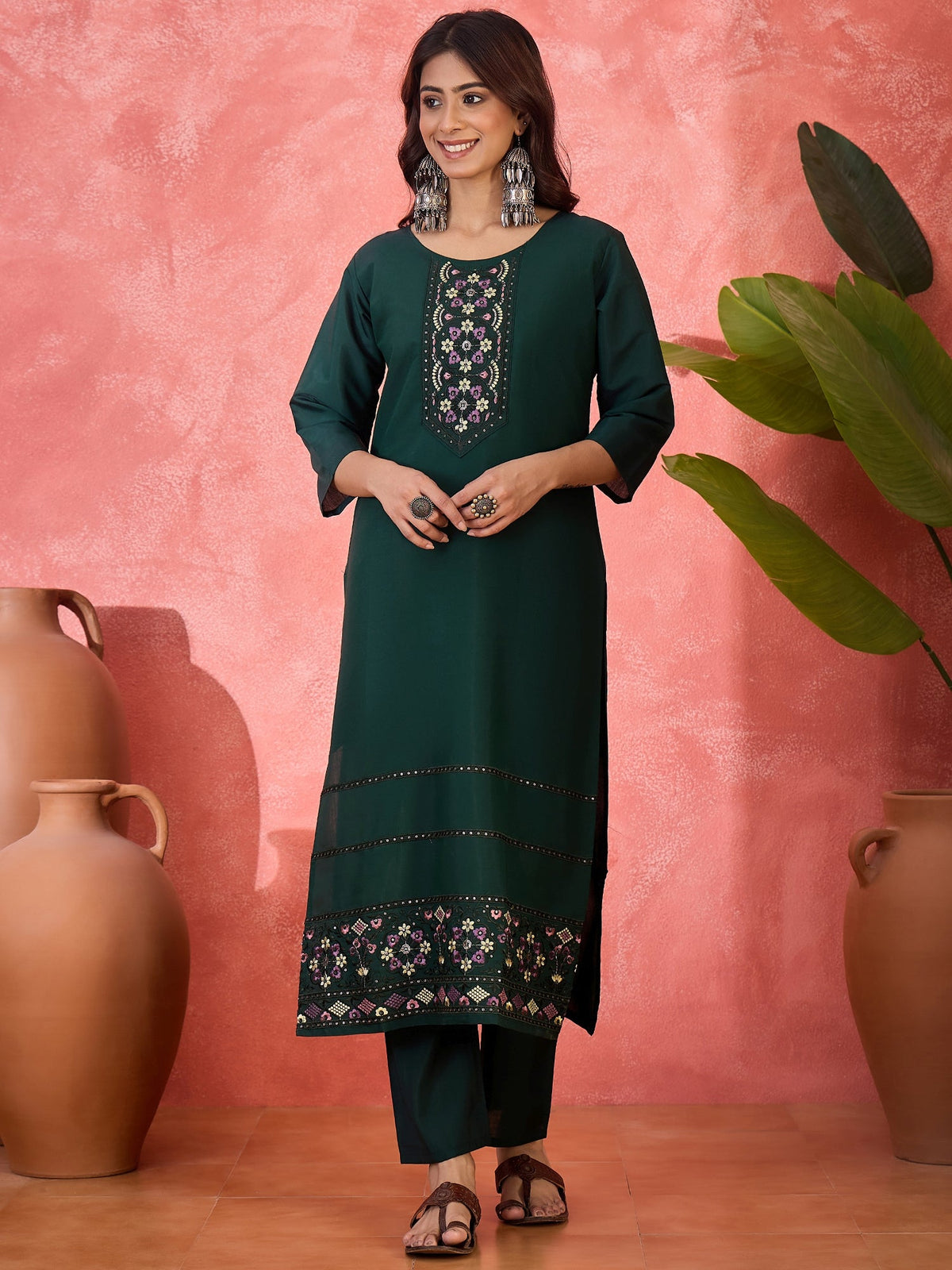 Emerald Green Silk Embroidered Kurta Set for Women