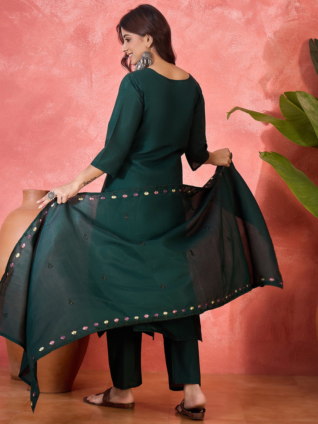 Emerald Green Silk Embroidered Kurta Set for Women