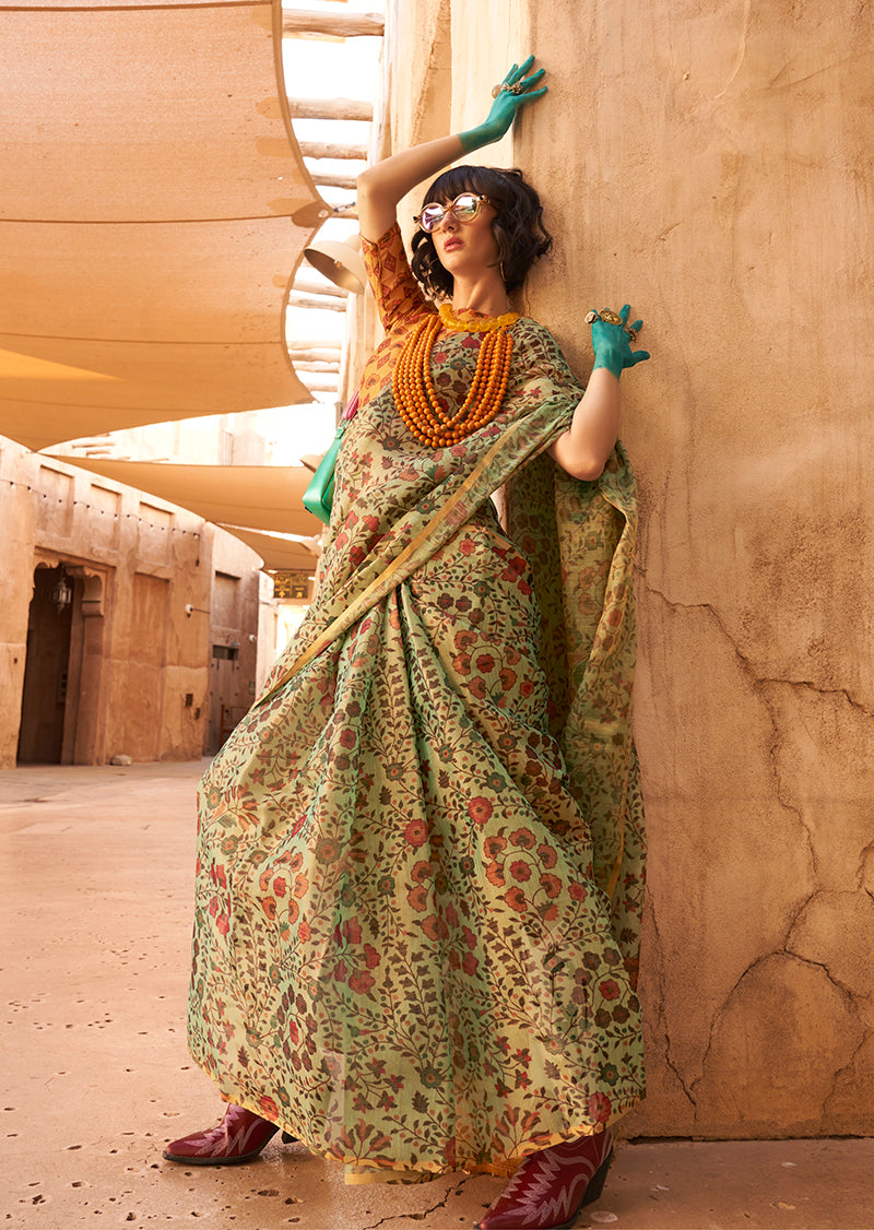 Stunning Light Green Printed Tissue Designer Saree