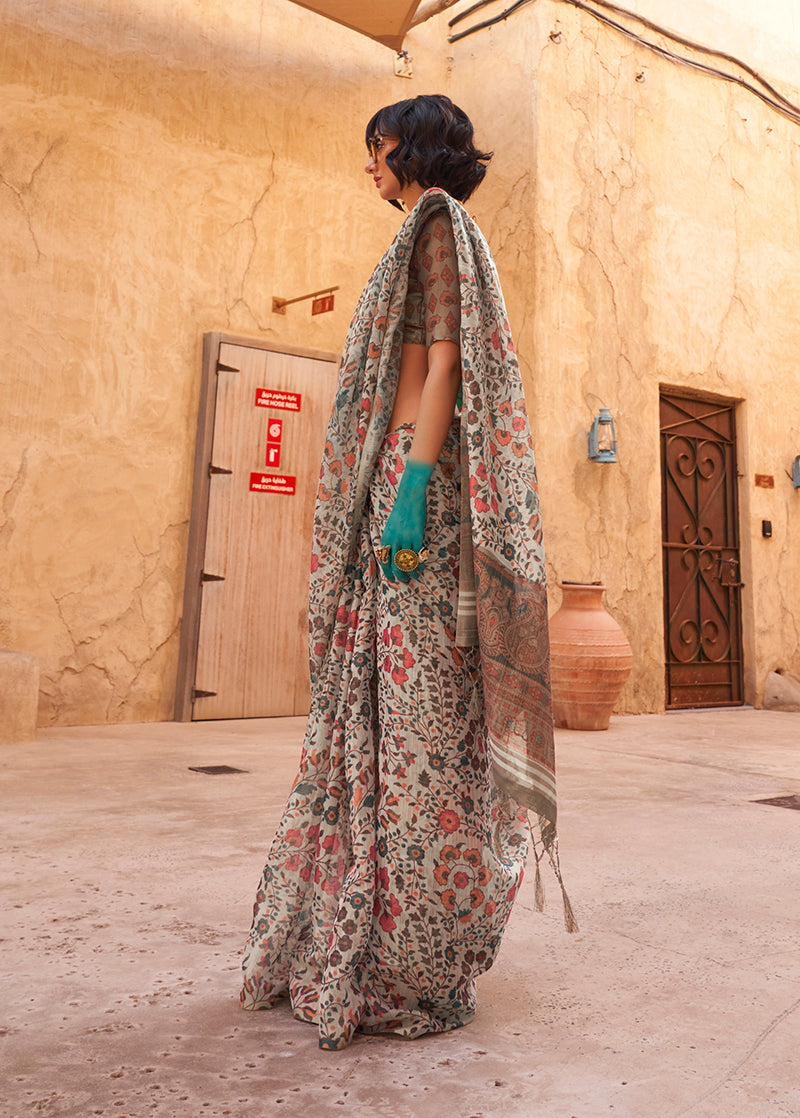 Light Grey Tissue Saree with Floral Print for Women