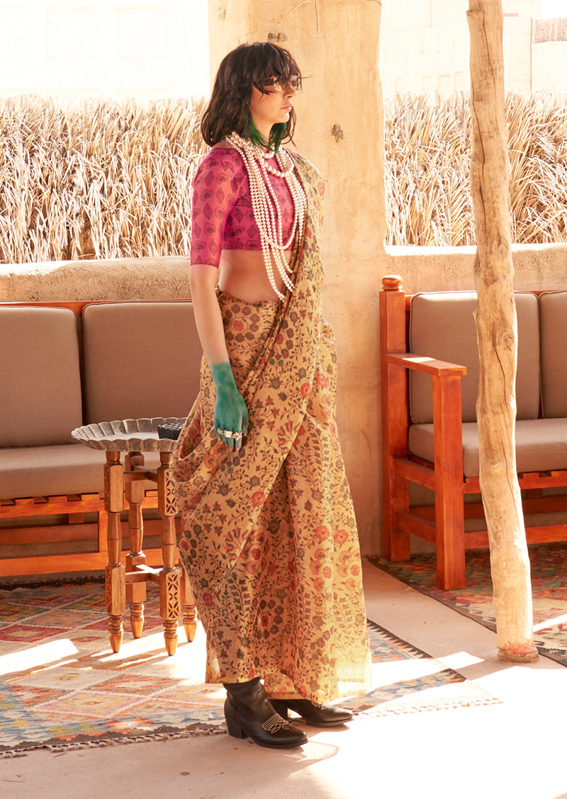 Mustard Floral Printed Tissue Saree with Designer Details