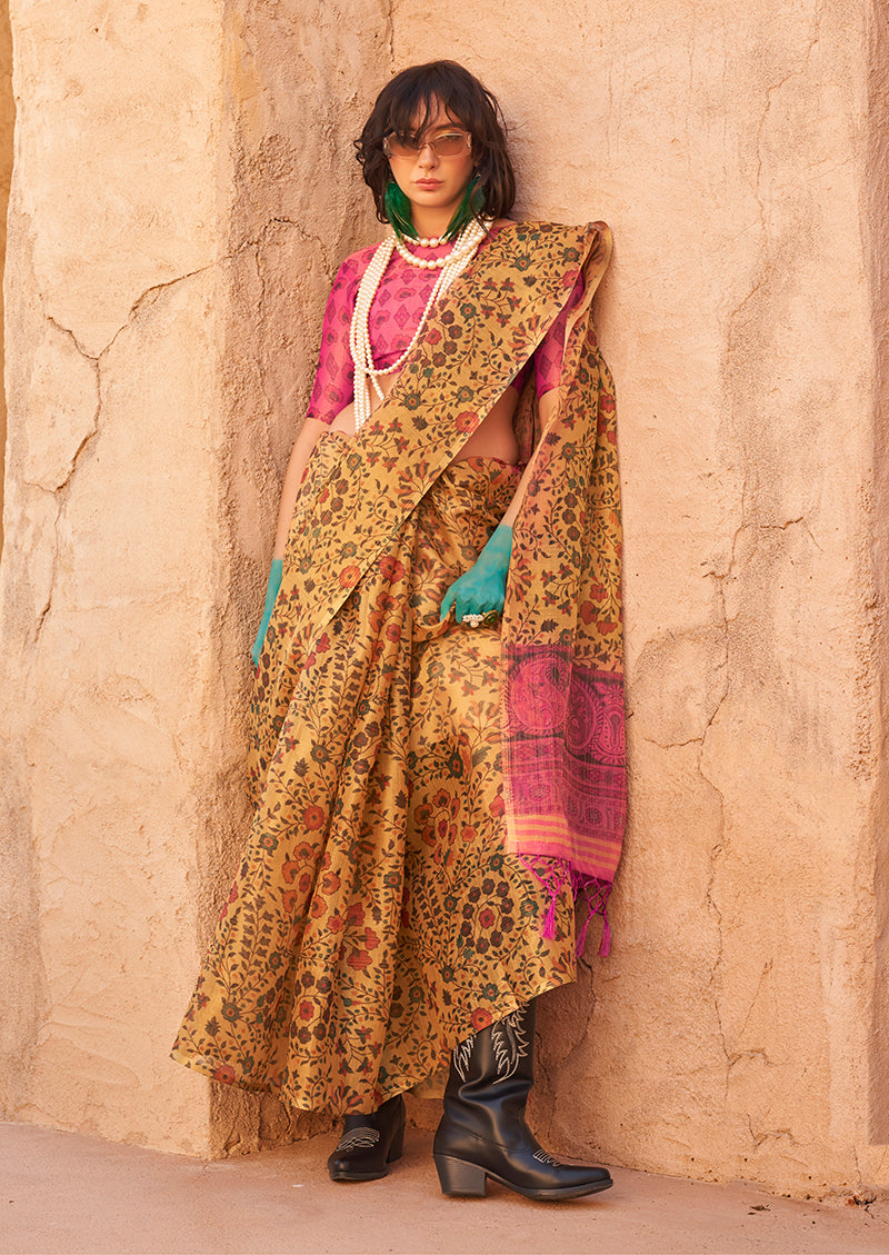 Mustard tissue saree with all-over floral print and designer pattern